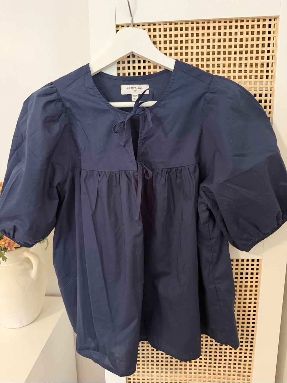 Habitual Navy Tie-Front Puff Sleeve Top